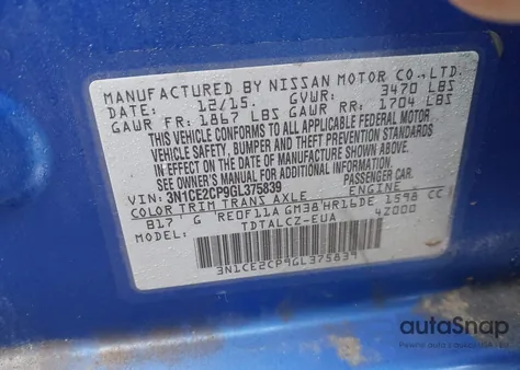 2016 Nissan Versa Note S Plus z USA, uszkodzony, nr VIN 3N1CE2CP9GL375839